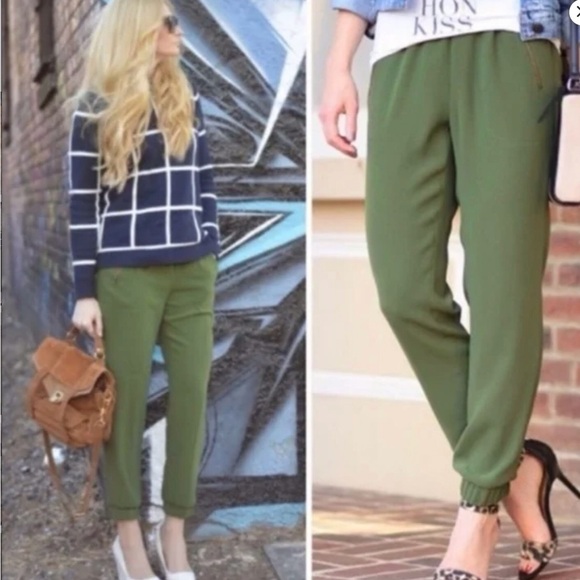 J. CREW Turner Pant Joggers Crepe Olive Green Elastic Waist Zipper Pockets Sz 0 - Picture 1 of 7